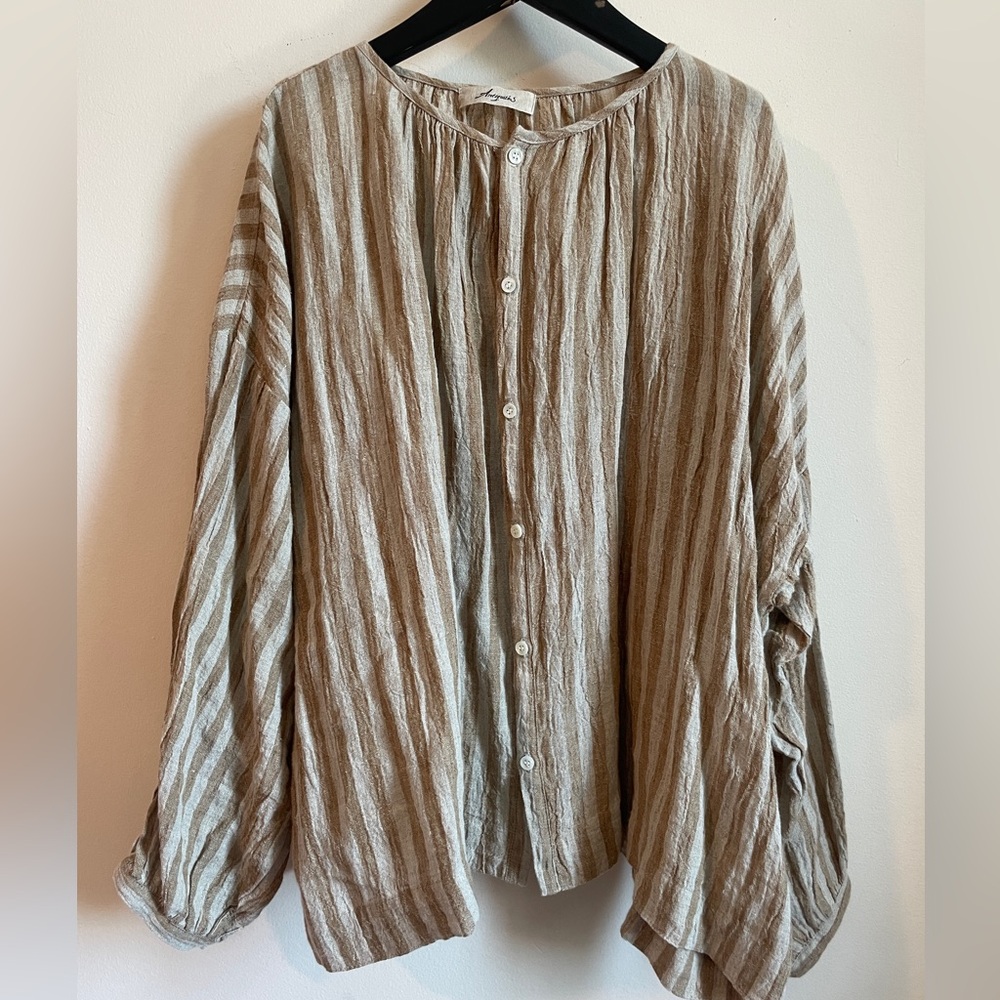 Striped Beige Button-Up Women's Top
